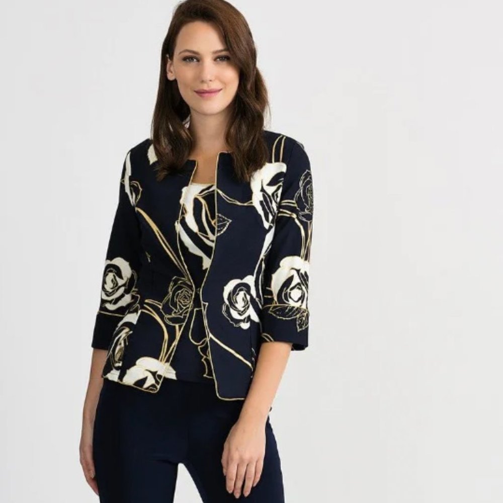 Joseph Ribkoff Navy Floral-Print Blazer with Cream & Gold Accents